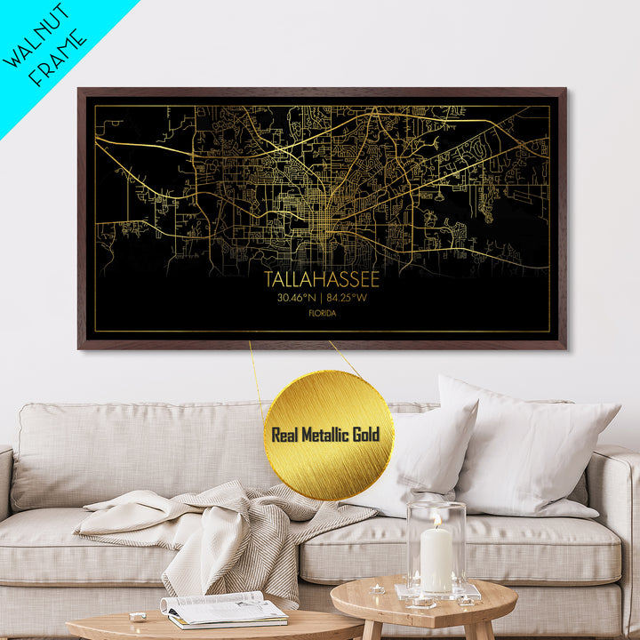 Tallahassee Florida City street map, Metallic Gold Print, Metal Art, wood framed map, black and gold, Street Map Art, Office Decor