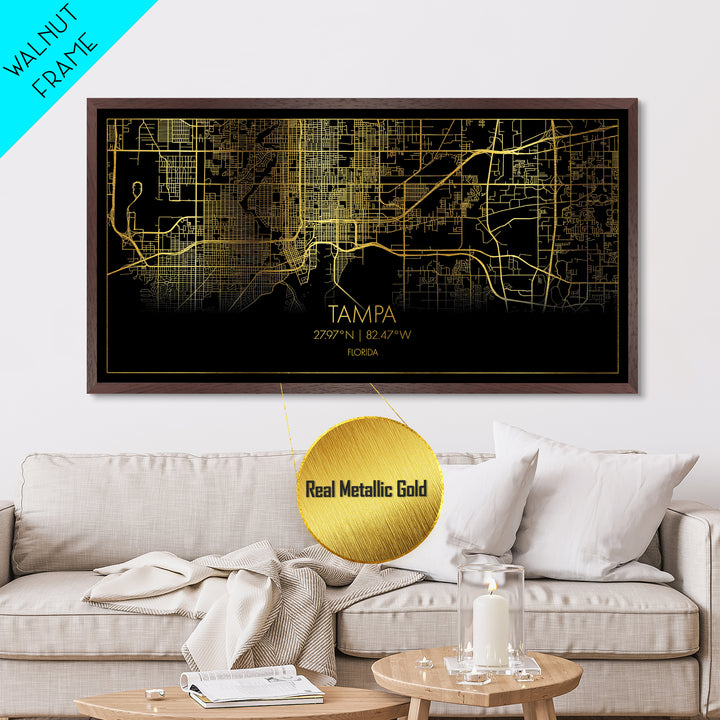 Tampa Florida City Poster, Metallic Gold Art, Metal Art, real wood frames, black and gold, Street Map Wall Art, Real Wood Frames