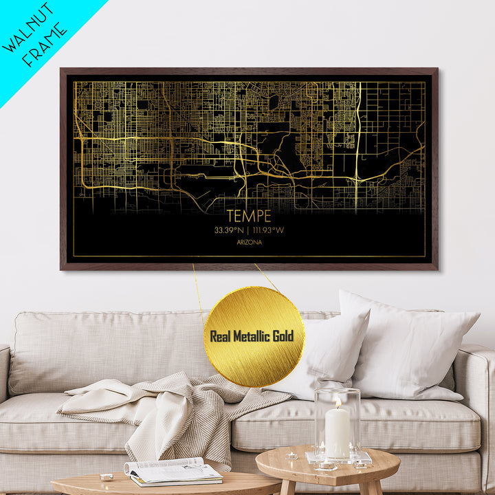 Tempe Arizona City street map, Metallic Gold Print, Metal Art, wood framed map, black and gold, Street Map Art, Modern Wall Art