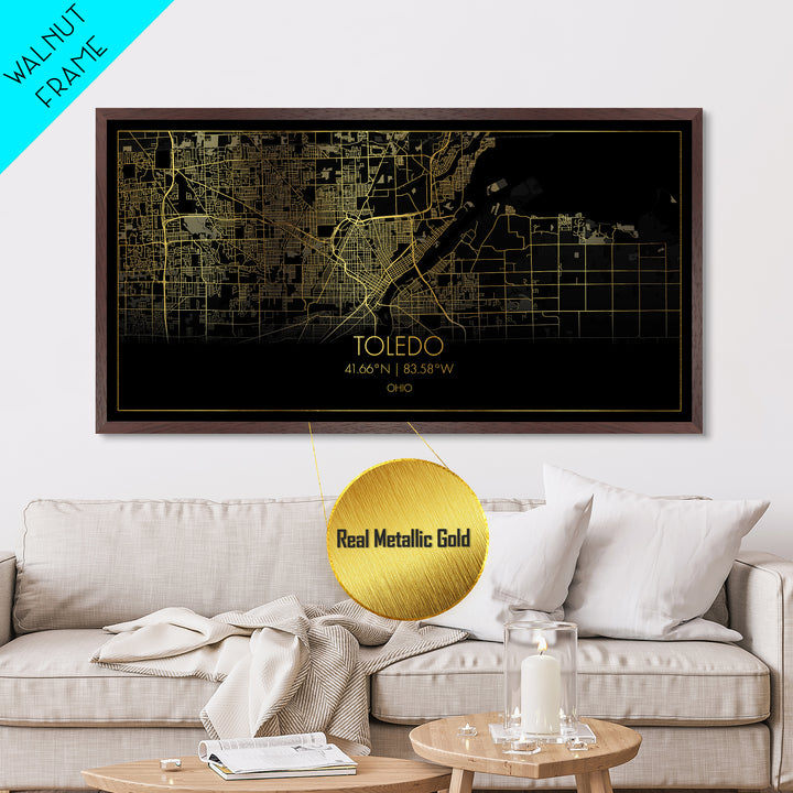 Toledo Ohio City Poster, Metallic Gold Art, Metal Art, real wood frames, black and gold, Street Map Wall Art, Real Wood Frames