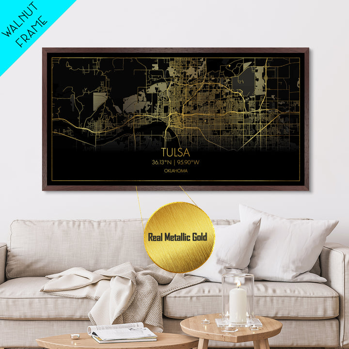 Tulsa Oklahoma City Poster, Metallic Gold Art, Metal Art, real wood frames, black and gold, Street Map Wall Art, Modern Wall Art