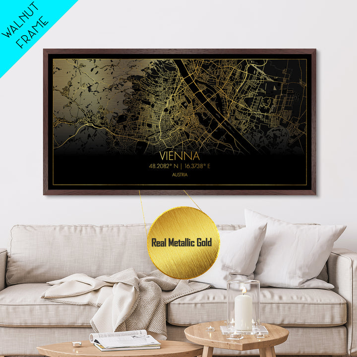 Vienna Austria City street map, Metallic Gold Print, Metal Art, wood framed map, black and gold, Street Map Art, Map Print Poster