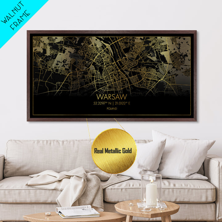 Warsaw Poland City street map, Metallic Gold Print, Metal Art, wood framed map, black and gold, Street Map Art, Real Wood Frames