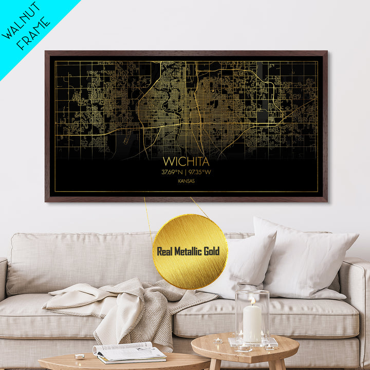 Wichita Kansas City street map, Metallic Gold Print, Metal Art, wood framed map, black and gold, Street Map Art, Minimalist Wall Art