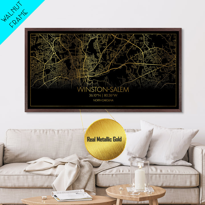 Winston Salem North Carolina City Poster, Metallic Gold Art, Metal Art, real wood frames, black and gold, Street Map Wall Art, Housewarming Gift