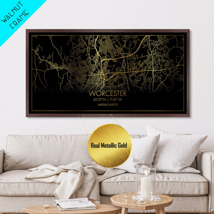 Worcester Massachusetts City street map, Metallic Gold Print, Metal Art, wood framed map, black and gold, Street Map Art, Modern Wall Art