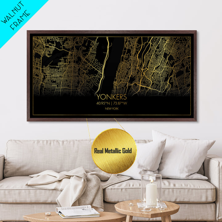 Yonkers New York City Poster, Metallic Gold Art, Metal Art, real wood frames, black and gold, Street Map Wall Art, Real Wood Frames