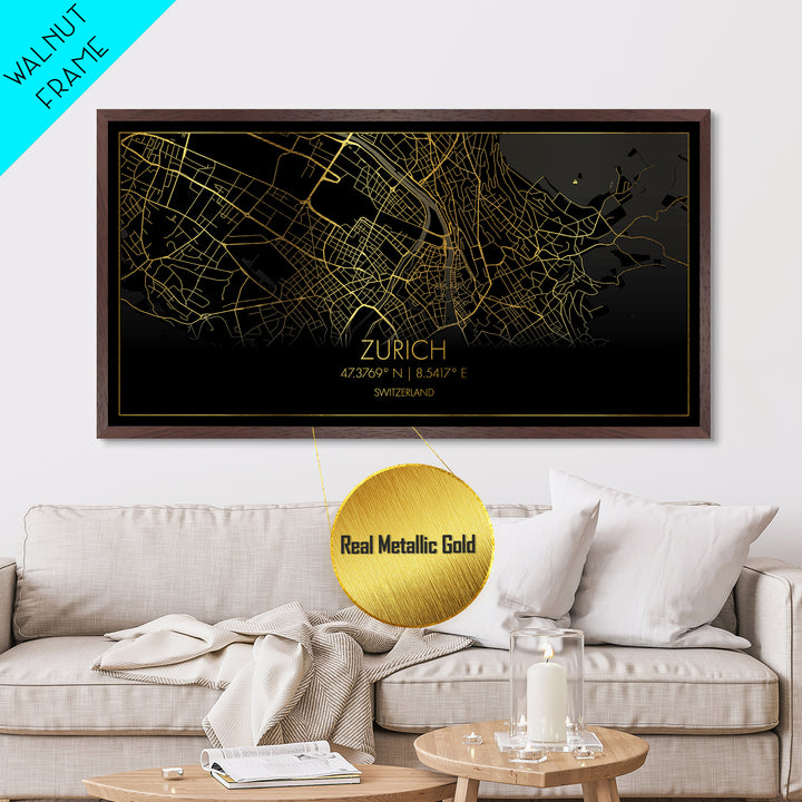 Zurich Switzerland City street map, Metallic Gold Print, Metal Art, wood framed map, black and gold, Street Map Art, Best Friend Gifts