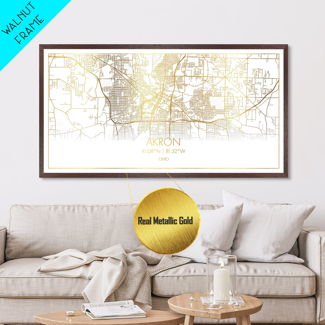 Akron Ohio City street map, Metallic Gold Print, Metal Art, wood framed map, black and gold, Street Map Art, Modern Wall Art, Housewarming Gift
