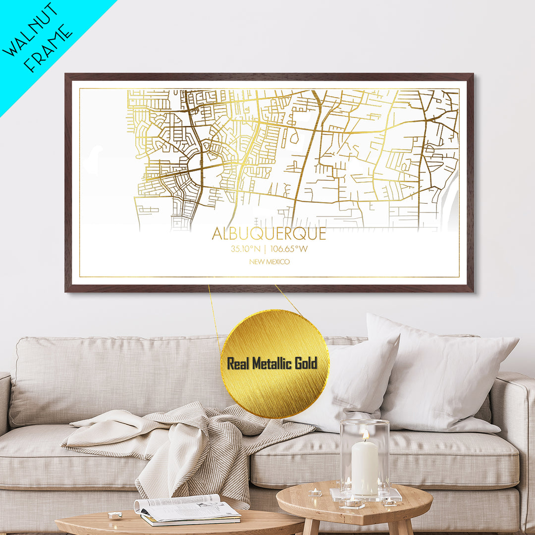 Albuquerque New Mexico City Poster, Metallic Gold Art, Metal Art, real wood frames, black and gold, Street Map Wall Art, Gold Street Map Art