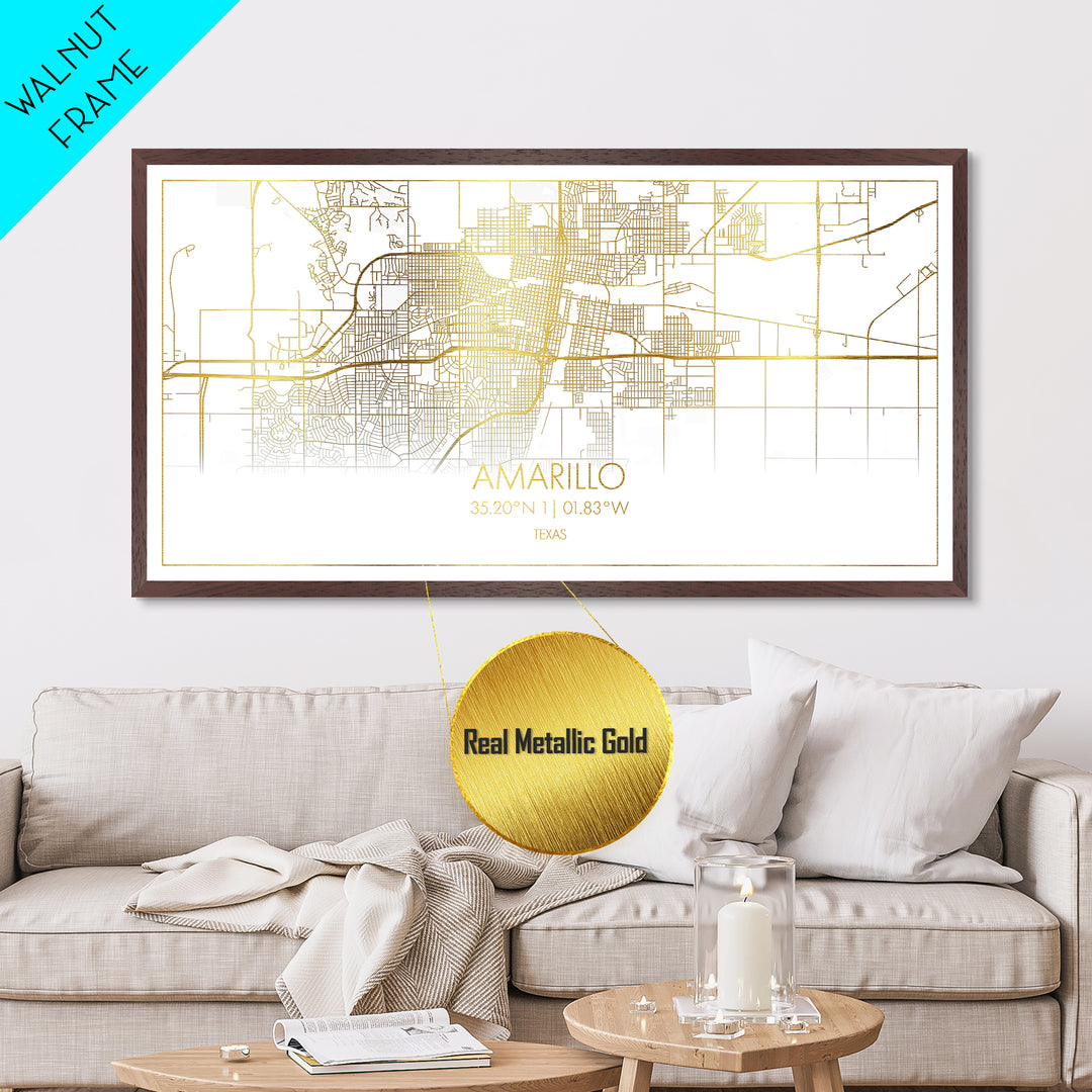 Amarillo Texas City street map, Metallic Gold Print, Metal Art, wood framed map, black and gold, Street Map Art, Minimalist Wall Art, Modern House Art