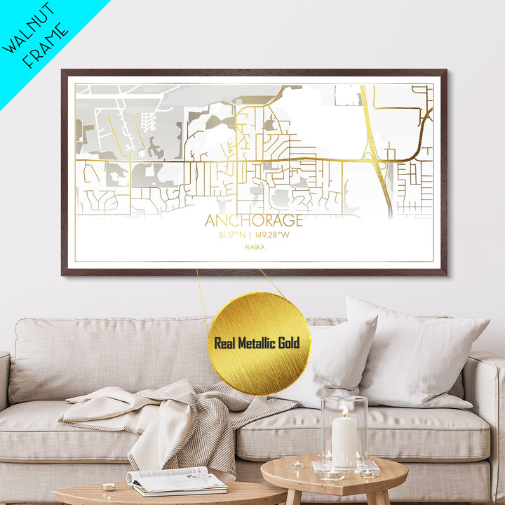 Anchorage Alaska City street map, Metallic Gold Print, Metal Art, wood framed map, black and gold, Street Map Wall Art, Best Friend Gifts, Modern Wall Art