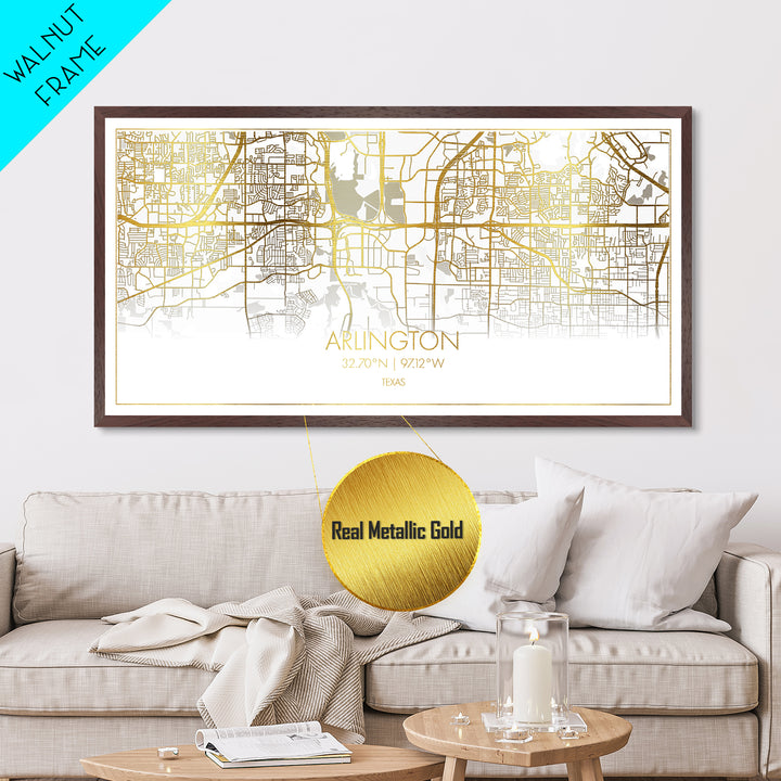 Arlington Texas City Poster, Metallic Gold Art, Metal Art, real wood frames, black and gold, Street Map Art, College Dorm Décor, Wall Art, Map Art