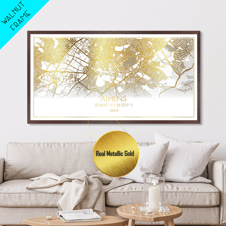 Athens Greece City street map, Metallic Gold Print, Metal Art, wood framed map, black and gold, Street Map Art, Housewarming Gift, Travel Poster
