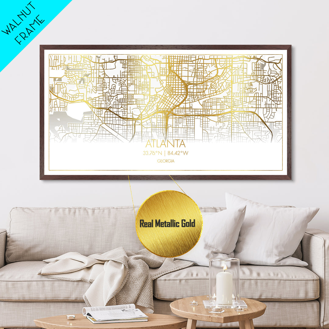 Atlanta Georgia City Poster, Metallic Gold Art, Metal Art, real wood frames, black and gold, Street Map Wall Art, Office Decor, Real Wood Frames