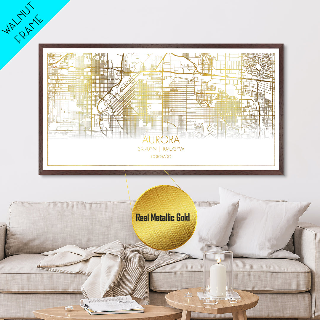 Aurora Colorado City Poster, Metallic Gold Art, Metal Art, real wood frames, black and gold, Street Map Art, Travel Poster, Gold Street Map Art