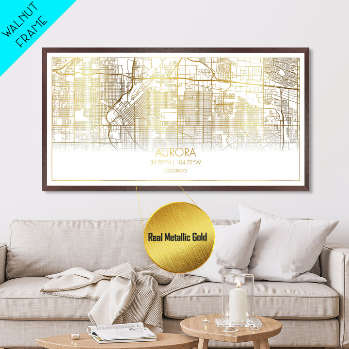 Aurora Colorado City Poster, Metallic Gold Art, Metal Art, real wood frames, black and gold, Street Map Art, Travel Poster, Gold Street Map Art