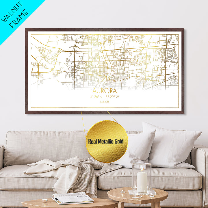 Aurora Illinois City street map, Metallic Gold Print, Metal Art, wood framed map, black and gold, Street Map Art, Map Print Poster, Housewarming Gift