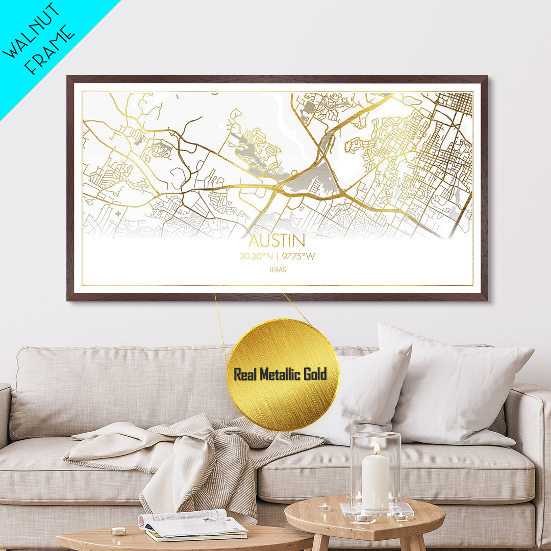 Austin Texas City Poster, Metallic Gold Art, Metal Art, real wood frames, black and gold, Map Art, Real Wood Frames, Travel Poster, Street Map Art