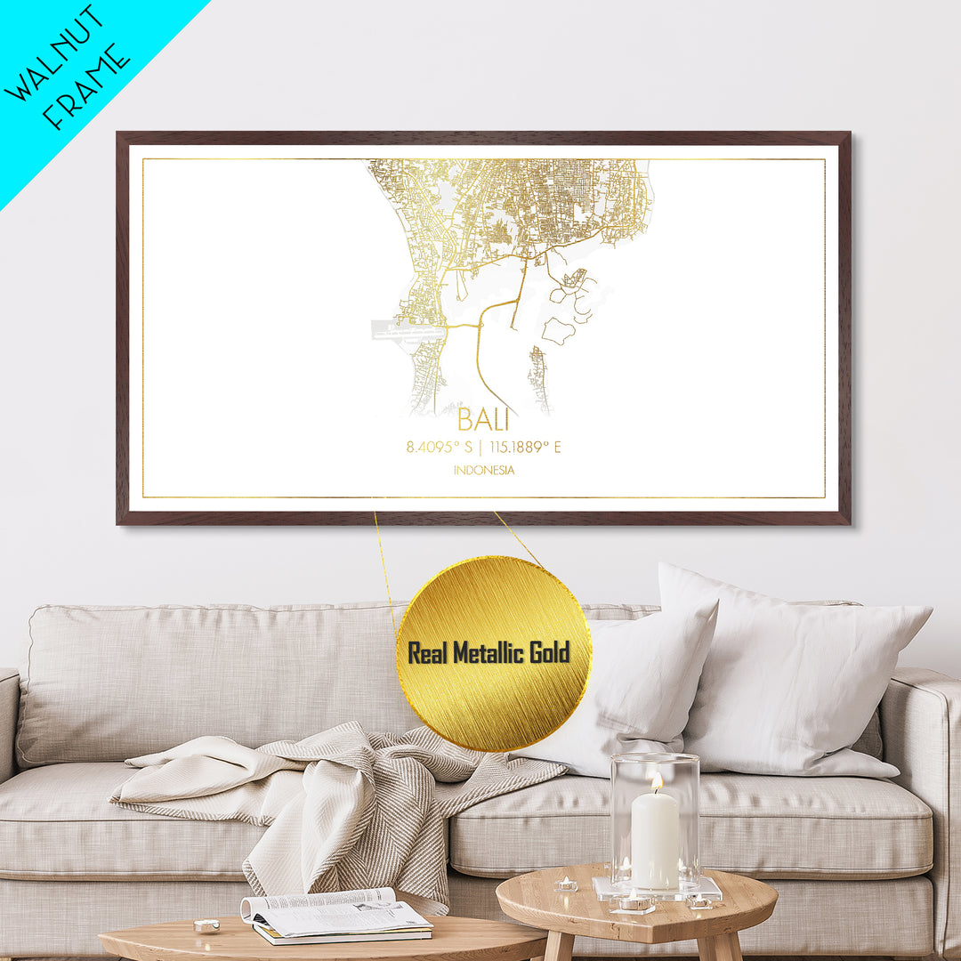 Bali Indonesia City Poster, Metallic Gold Art, Metal Art, real wood frames, black and gold, Travel Poster, Street Map Art, Gold Street Map Art