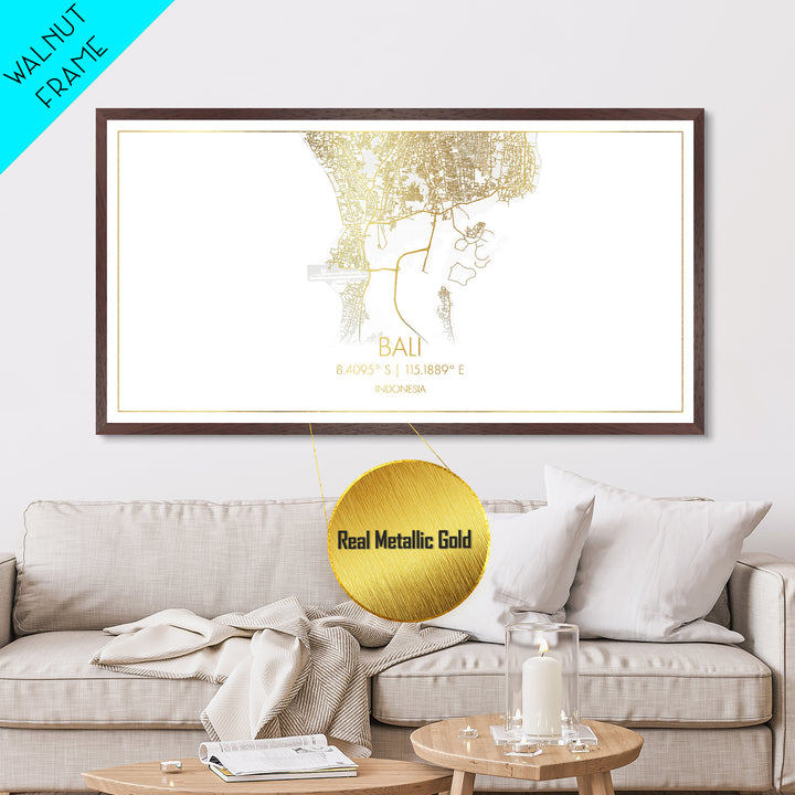 Bali Indonesia City Poster, Metallic Gold Art, Metal Art, real wood frames, black and gold, Travel Poster, Street Map Art, Gold Street Map Art