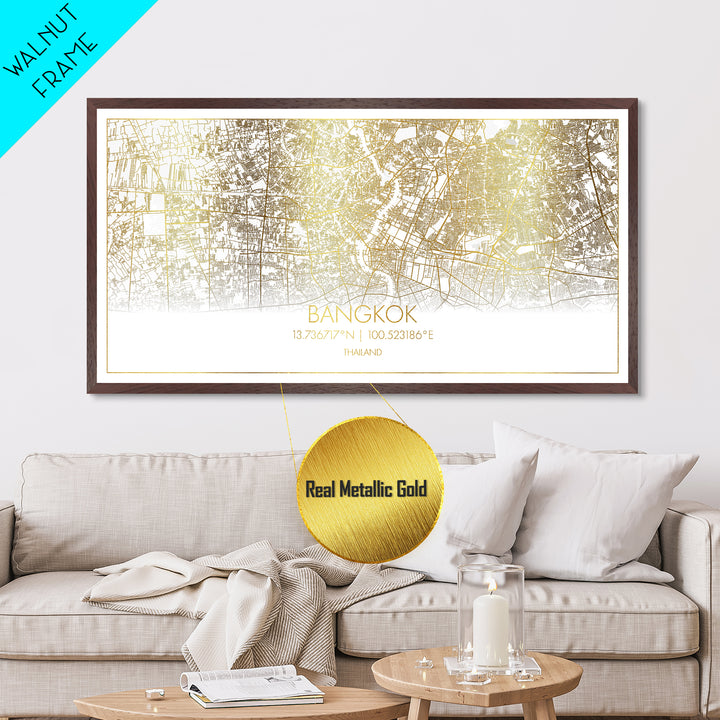 Bangkok Thailand City Poster, Metallic Gold Art, Metal Art, real wood frames, black and gold, Street Map Wall Art, Travel Poster, College Dorm Décor