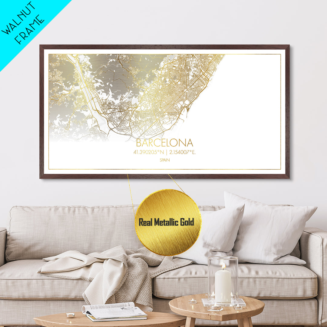 Barcelona Spain City street map, Metallic Gold Print, Metal Art, wood framed map, black and gold, Gold Street Map Art, Street Map Art, Modern House Art