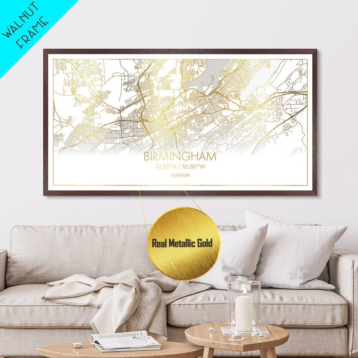 Birmingham Alabama City street map, Metallic Gold Print, Metal Art, wood framed map, black and gold, Travel Poster, Street Map Art, Housewarming Gift