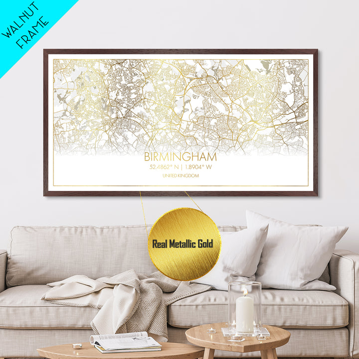 Birmingham United Kingdom City Poster, Metallic Gold Art, Metal Art, real wood frames, black and gold, Street Map Art, Gold Street Map Art, Office Decor