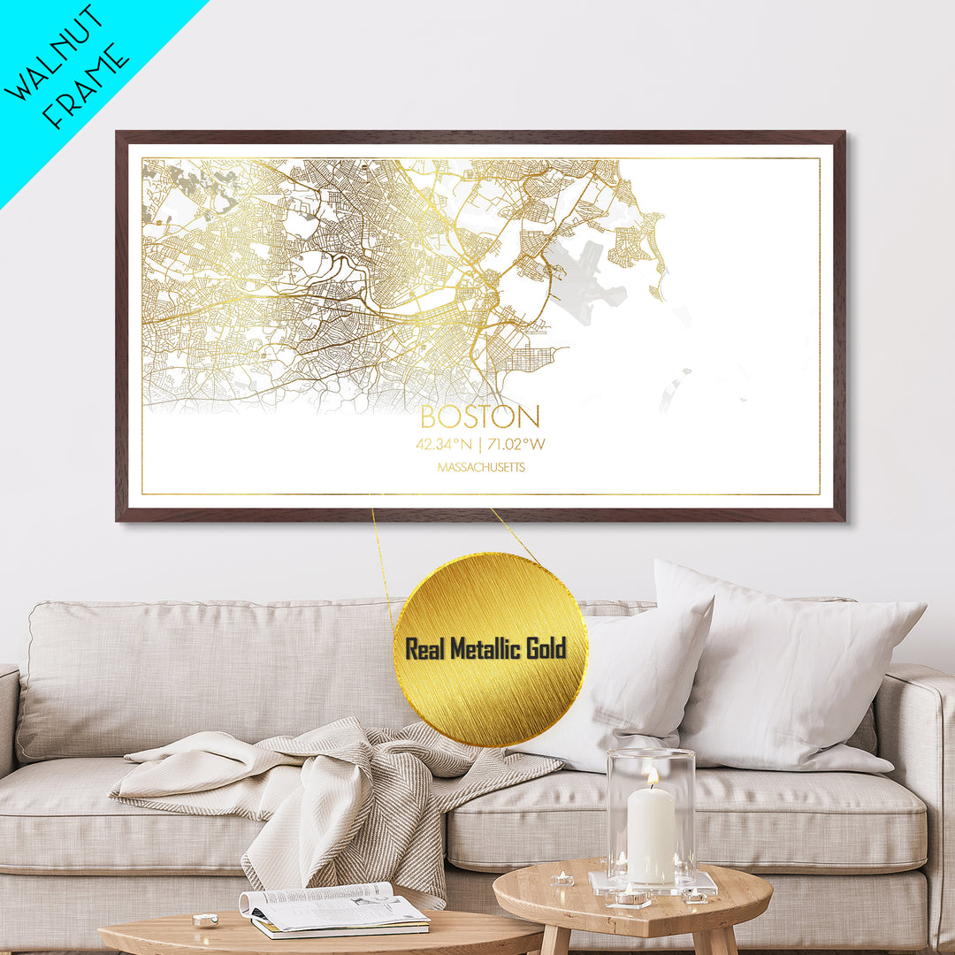 Boston Massachusetts City Poster, Metallic Gold Art, Metal Art, real wood frames, black and gold, Street Map Art, Modern Wall Art