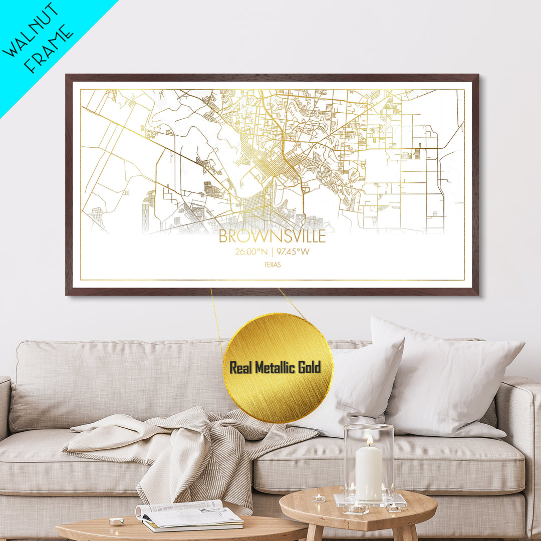 Brownsville Texas City street map, Metallic Gold Print, Metal Art, wood framed map, black and gold, Travel Poster, Street Map Art, Gold Street Map Art