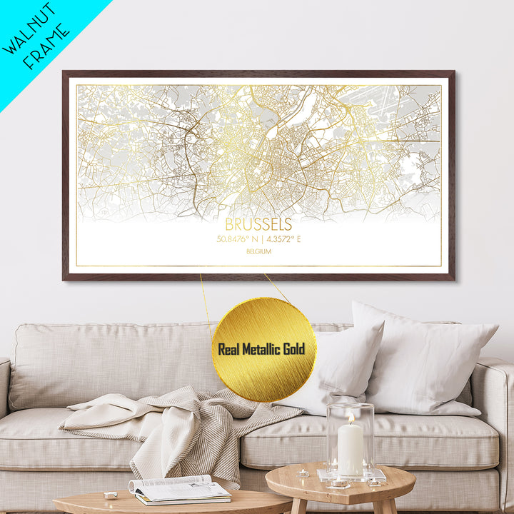 Brussels Belgium City Poster, Metallic Gold Art, Metal Art, real wood frames, black and gold, Street Map Wall Art, Best Friend Gifts, Modern House Art