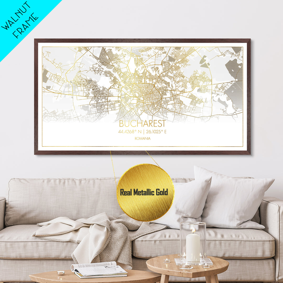 Bucharest Romania City street map, Metallic Gold Print, Metal Art, wood framed map, black and gold, Map Art, Street Map Art, Travel Poster