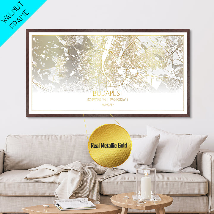 Budapest Hungary City Poster, Metallic Gold Art, Metal Art, real wood frames, black and gold, Street Map Wall Art, Real Wood Frames, Housewarming Gift