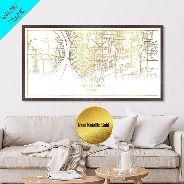 Buffalo New York City street map, Metallic Gold Print, Metal Art, wood framed map, black and gold, Street Map Art, Gold Street Map Art, Modern Wall Art