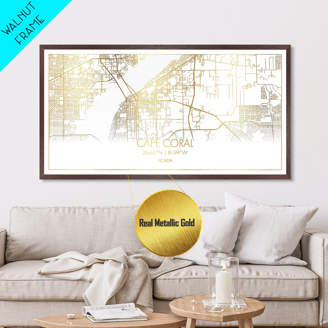 Cape Coral Florida City Poster, Metallic Gold Art, Metal Art, real wood frames, black and gold, Street Map Art, Map Print Poster, Travel Poster