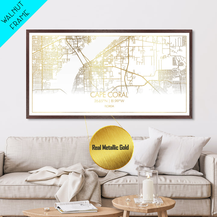 Cape Coral Florida City Poster, Metallic Gold Art, Metal Art, real wood frames, black and gold, Street Map Art, Map Print Poster, Travel Poster
