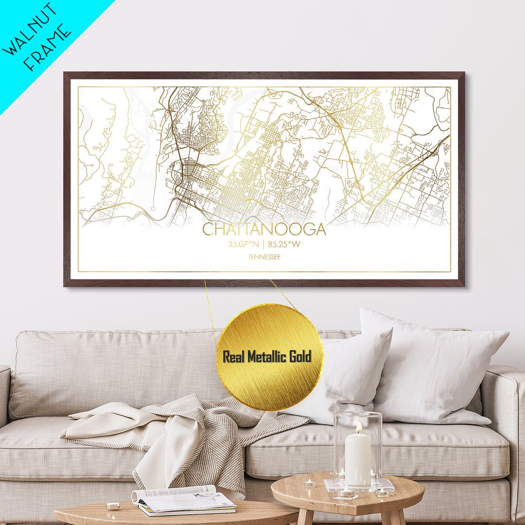 Chattanooga Tennessee City street map, Metallic Gold Print, Metal Art, wood framed map, black and gold, Modern Wall Art, Map Art, Travel Poster
