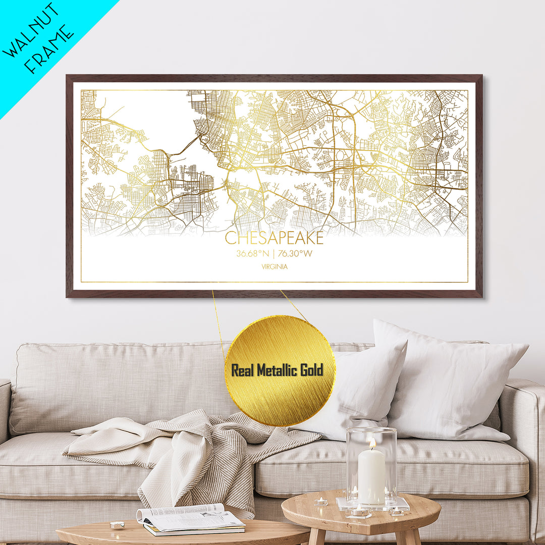 Chesapeake Virginia City Poster, Metallic Gold Art, Metal Art, real wood frames, black and gold, Street Map Art, Minimalist Wall Art, Office Decor