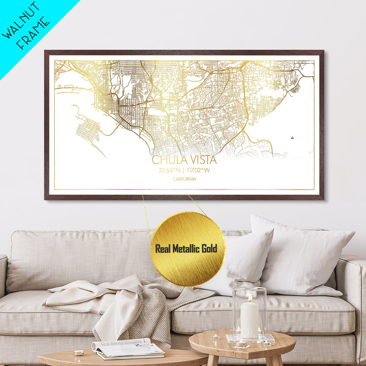 Chula Vista California City Poster, Metallic Gold Art, Metal Art, real wood frames, black and gold, Map Print Poster, Travel Poster, Modern House Art
