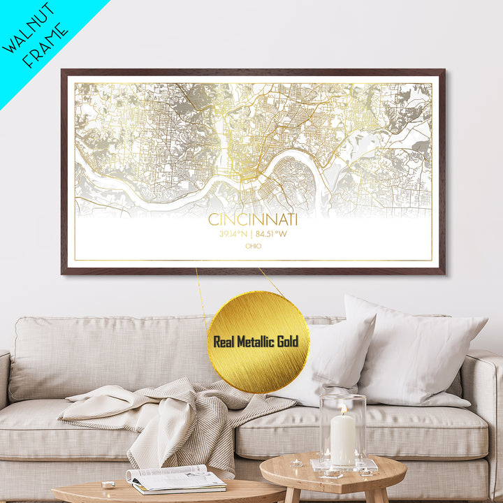Cincinnati Ohio City street map, Metallic Gold Print, Metal Art, wood framed map, black and gold, Gold Street Map Art, Street Map Art, Best Friend Gifts