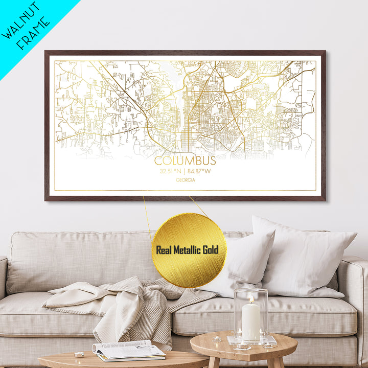 Columbus Georgia City street map, Metallic Gold Print, Metal Art, wood framed map, black and gold, Street Map Art, Housewarming Gift