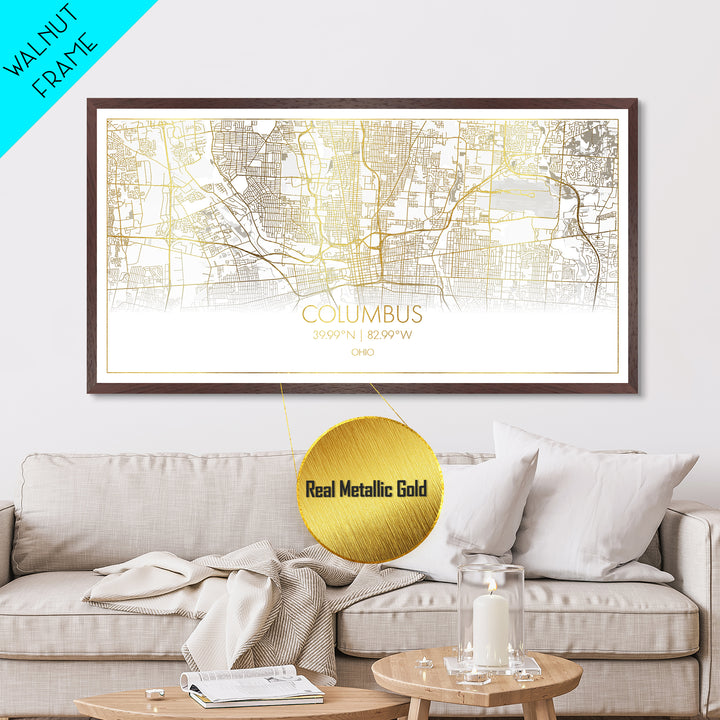 Columbus Ohio City Poster, Metallic Gold Art, Metal Art, real wood frames, black and gold, Street Map Wall Art, Map Art, Real Wood Frames