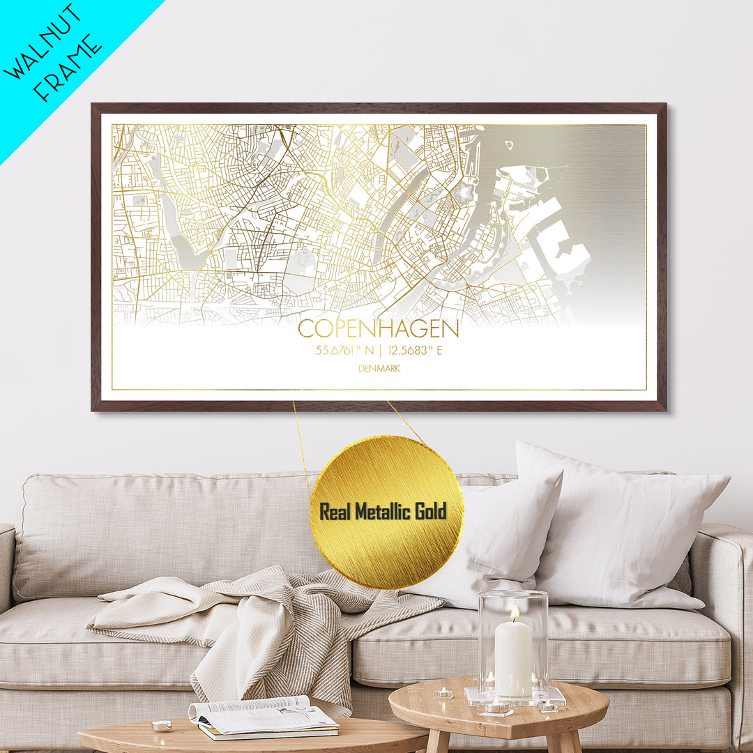 Copenhagen Denmark City street map, Metallic Gold Print, Metal Art, wood framed map, black and gold, Travel Poster, Street Map Art, Modern Wall Art