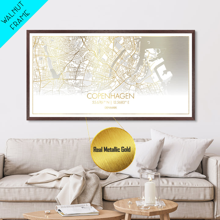 Copenhagen Denmark City street map, Metallic Gold Print, Metal Art, wood framed map, black and gold, Travel Poster, Street Map Art, Modern Wall Art