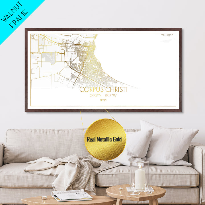 Corpus Christi Texas City Poster, Metallic Gold Art, Metal Art, real wood frames, black and gold, Street Map Art, Gold Street Map Art, Office Decor
