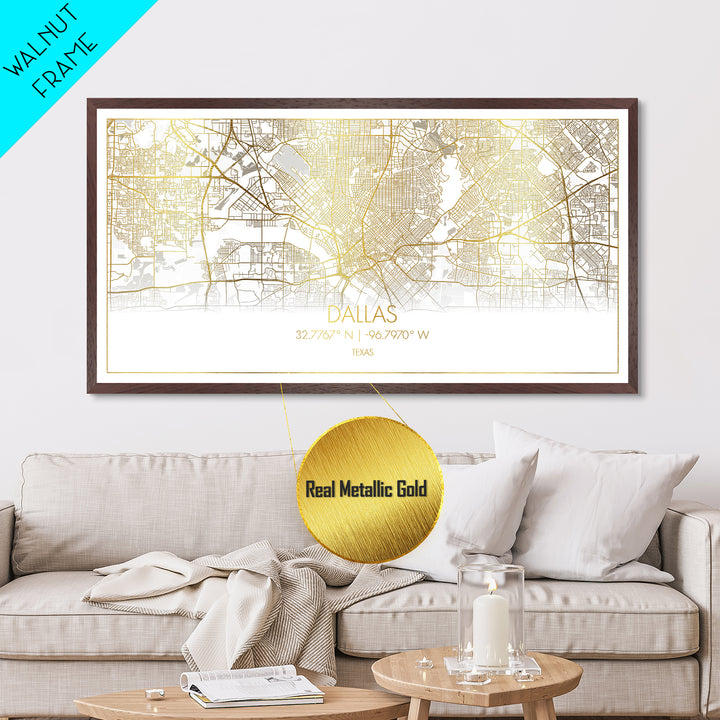Dallas Texas City street map, Metallic Gold Print, Metal Art, wood framed map, black and gold, Street Map Wall Art, College Dorm Décor, Minimalist Wall Art