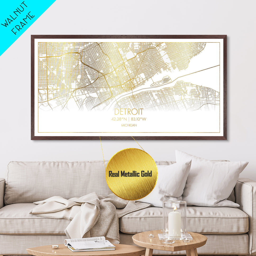 Detroit Michigan City street map, Metallic Gold Print, Metal Art, wood framed map, black and gold, Street Map Art, Map Print Poster