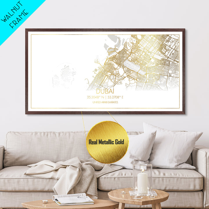 Dubai United Arab Emirates City Poster, Metallic Gold Art, Metal Art, real wood frames, black and gold, Street Map Art, Travel Poster, Gold Street Map Art