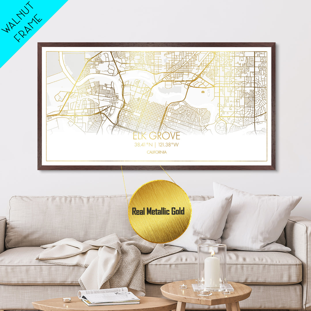 Elk Grove California City Poster, Metallic Gold Art, Metal Art, real wood frames, black and gold, Street Map Wall Art, Office Decor